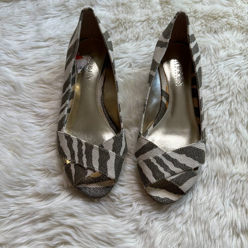 Lauren Ralph Lauren Zebra Canvas Printed Open Toe Wedge Women's 6B - Picture 2 of 6